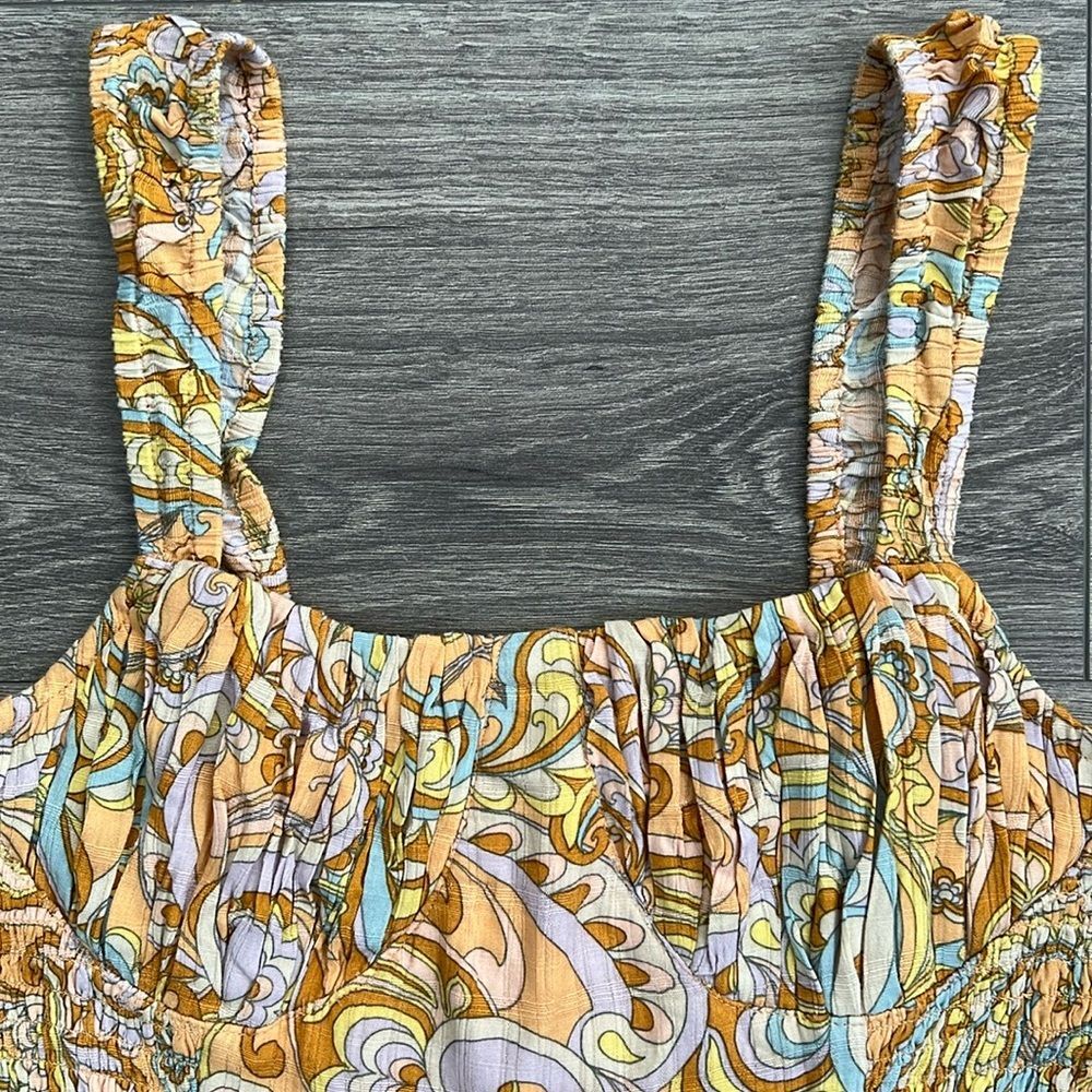 AMERICAN EAGLE Smocked Tiered Mini Dress Medium Orange Paisley 70s Retro Boho - Picture 3 of 10